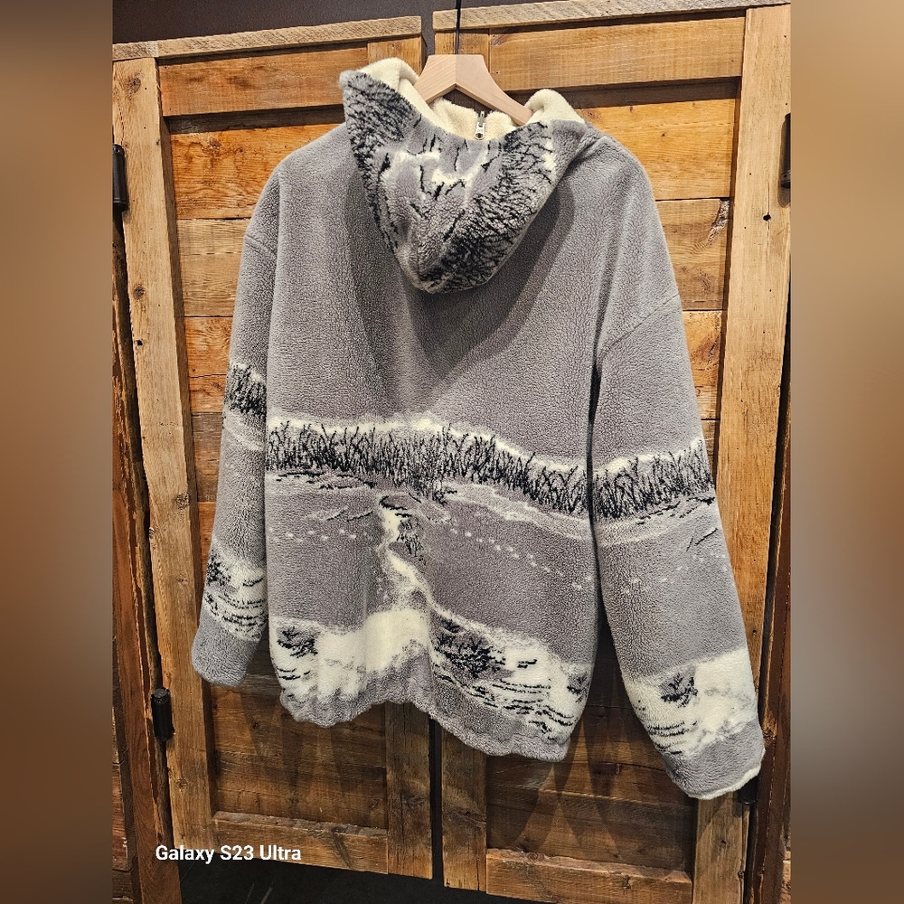 Vintage Denali Gray Hooded Fleece Jacket with Scenic Print Reversible Large